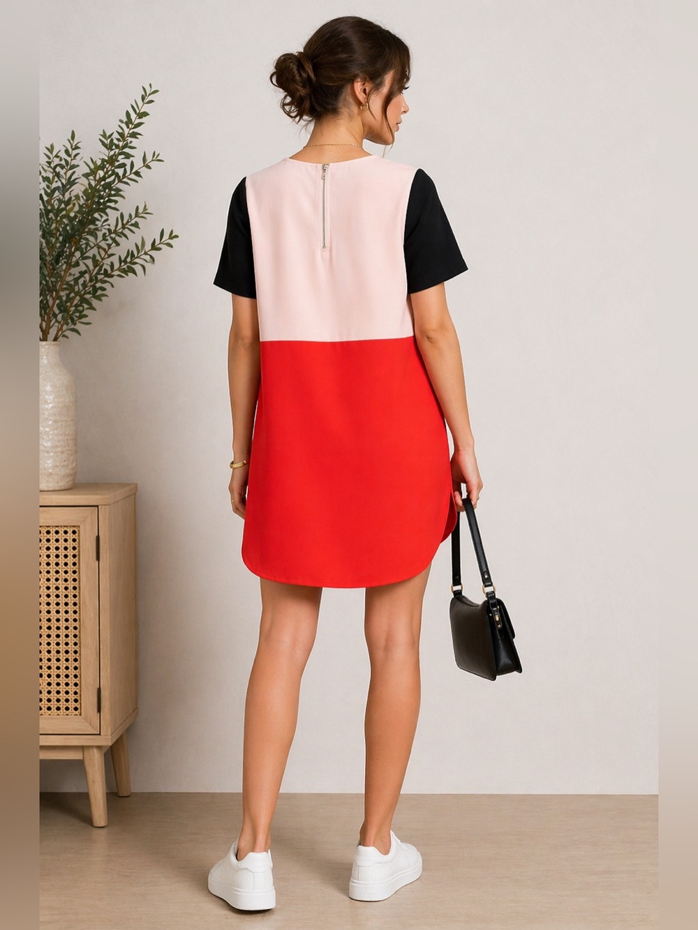 Zara Colorblock Shift Mini Dress Small Blush Pink Red Black Mod Short Sleeve - Picture 3 of 16